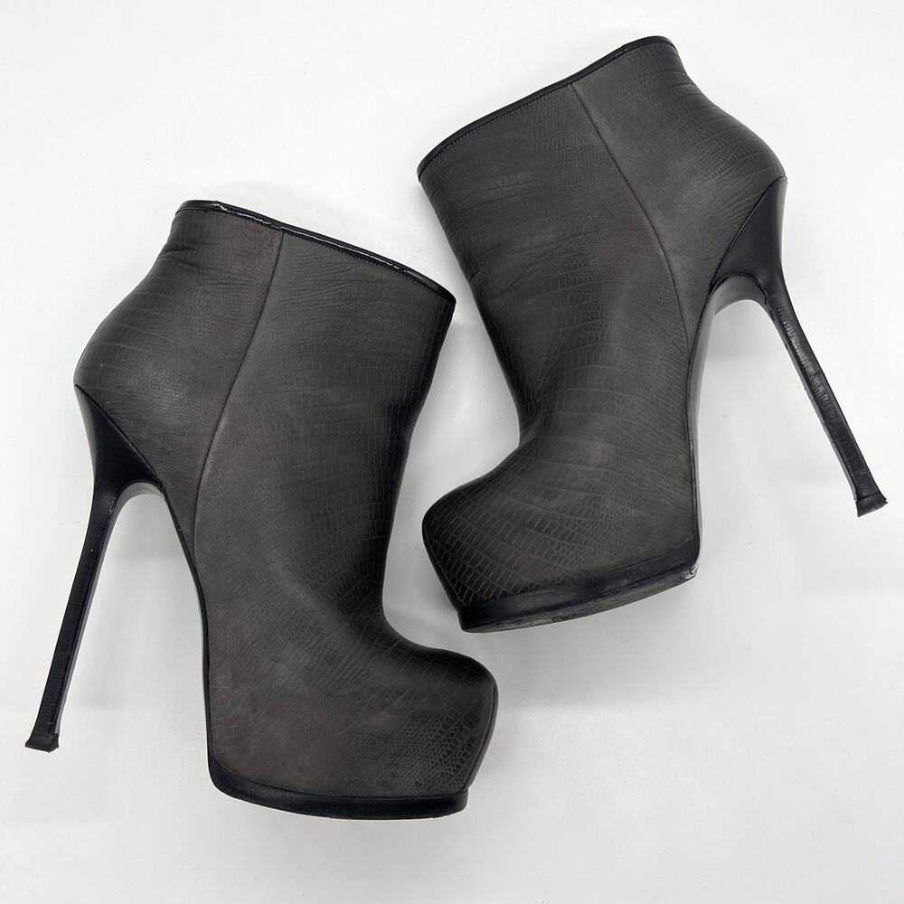 YSL YVES SAINT LAURENT Shoes Women 38 Gray Tribtoo Lizard Emboss Platform Boot - Picture 6 of 13